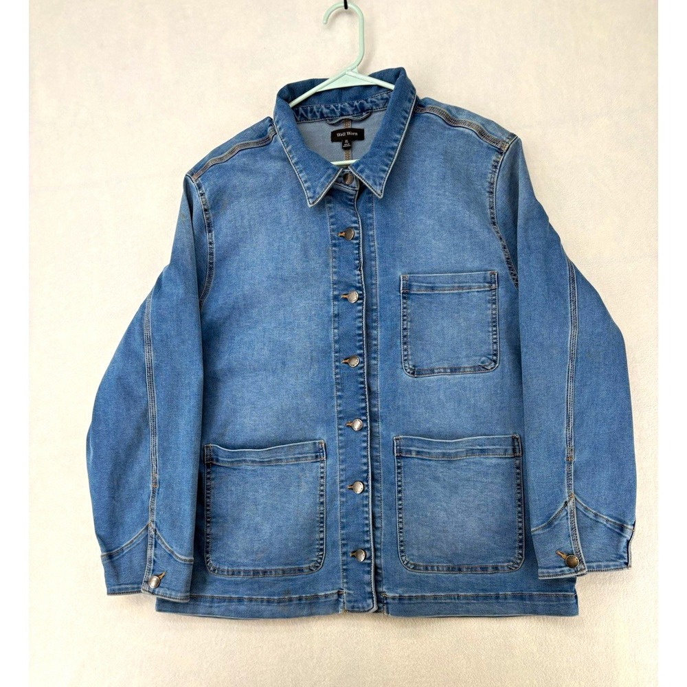 Well Worn Blue Button Front Jacket Pockets Long Sleeve Women's XL